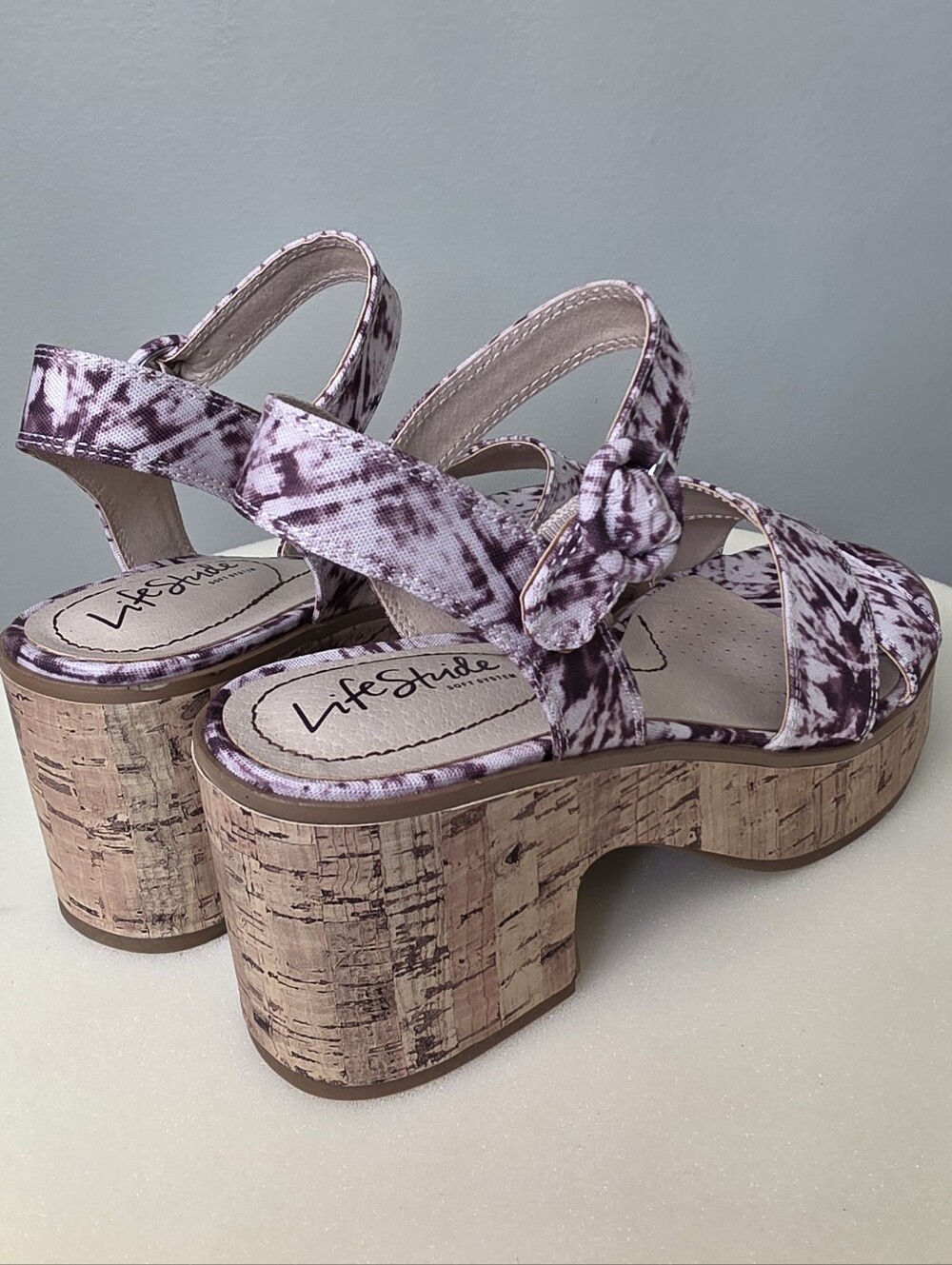 LifeStride Neutral Platform Sandals Cork Block Heel Purple Shibori 7.5M NEW!! - Picture 8 of 15
